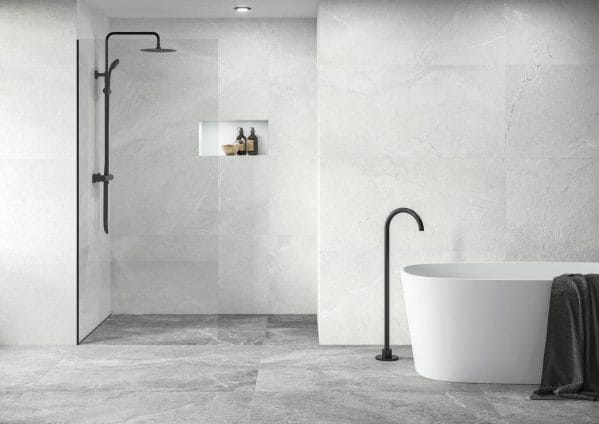 Terzetto Stone Capri White wall tiles and Capri Grey floor tiles in modern bathroom