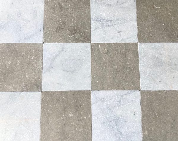 Olivestone Tumbled Limestone and Carrara Tumbled Marble Chequer (Sample x 2 pieces)